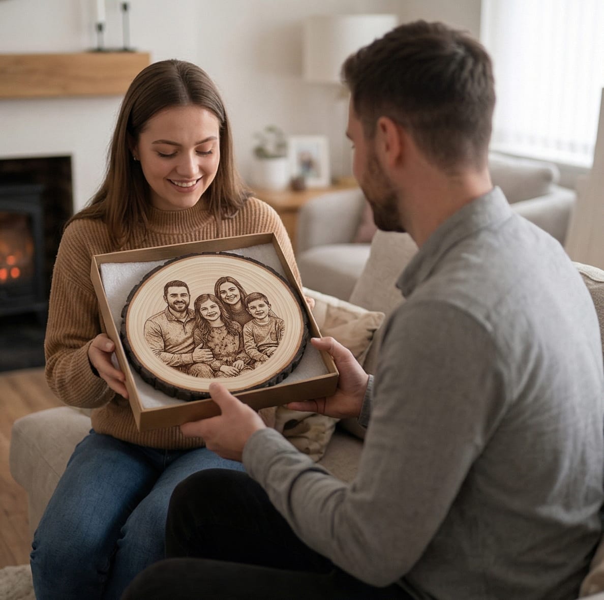 Woman holding personalized engraved wood slice plaque gift